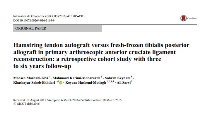 Hamstring tendon autograft versus fresh-frozen tibialis posterior allograft in primary arthroscopic anterior cruciate ligament reconstruction: a retrospective cohort study with three to six years follow-up